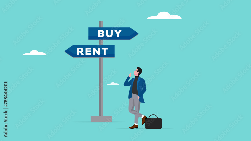 house buy or rent, confused businessman making decision to buy or rent a house concept vector illustration house buy or rent, confused businessman making decision to buy or rent a house concept vector illustration