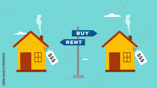 choice between buying and renting concept, house buy or rent, house with directions to buy or rent concept vector illustration