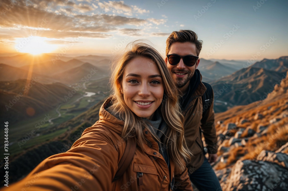 Fototapeta premium Photo selfies of a young woman and a man who are traveling in the mountains and smiling happily. Sunset in the mountains.