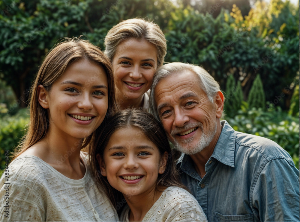 Image of a happy grandfather with two granddaughter and a daughter, smiling happily Image of a happy grandfather with two granddaughter and a daughter, smiling happily