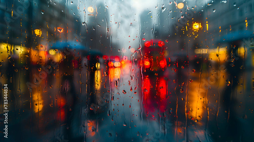 Through a rain-spattered window, the blurred figures of passersby pause to admire a lively street magician captivating an enthralled audience photo