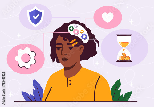 Illustration of a woman surrounded by various icons representing time, security, love, and ideas, set on a light pastel background, symbolizing mindfulness and productivity. Vector illustration