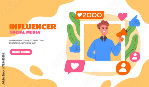A cartoon illustration of a social media influencer with likes and followers icons, abstract shapes on a soft background, concept of online presence. Vector illustration