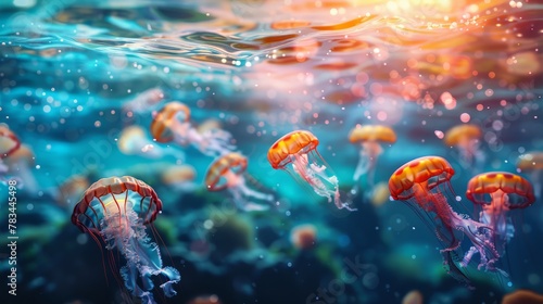 Underwater world, fish, wave background, jellyfish.