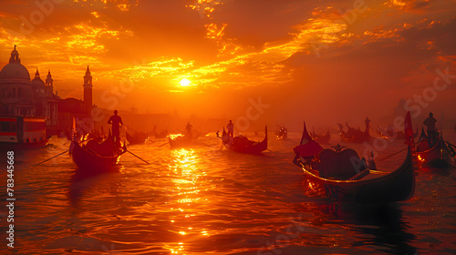 Venetian masks and costumes draped over ancient Venetian gondolas, their silhouettes etched against the backdrop of a fiery sunset, creating a scene of timeless beauty and romance
