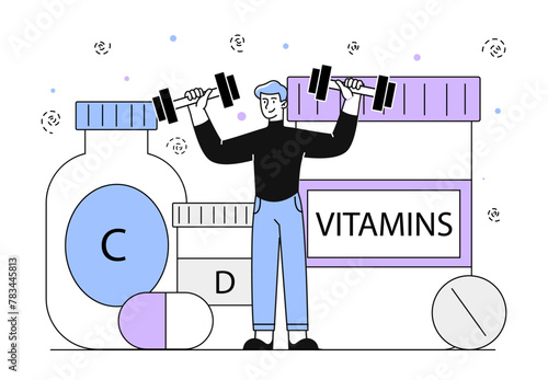 Man with vitamins vector linear