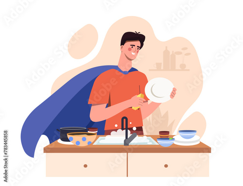A man in a cape happily washing dishes in a kitchen, cheerful colors, simple background, concept of household chores. Flat cartoon vector illustration