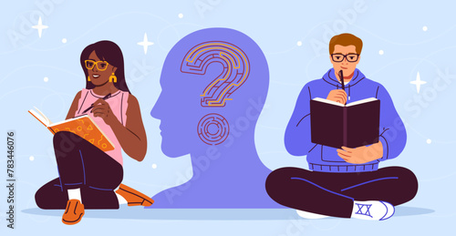 An illustration of two people studying with a stylized question mark inside a head profile, on a light blue abstract background, concept of learning and curiosity. Vector illustration