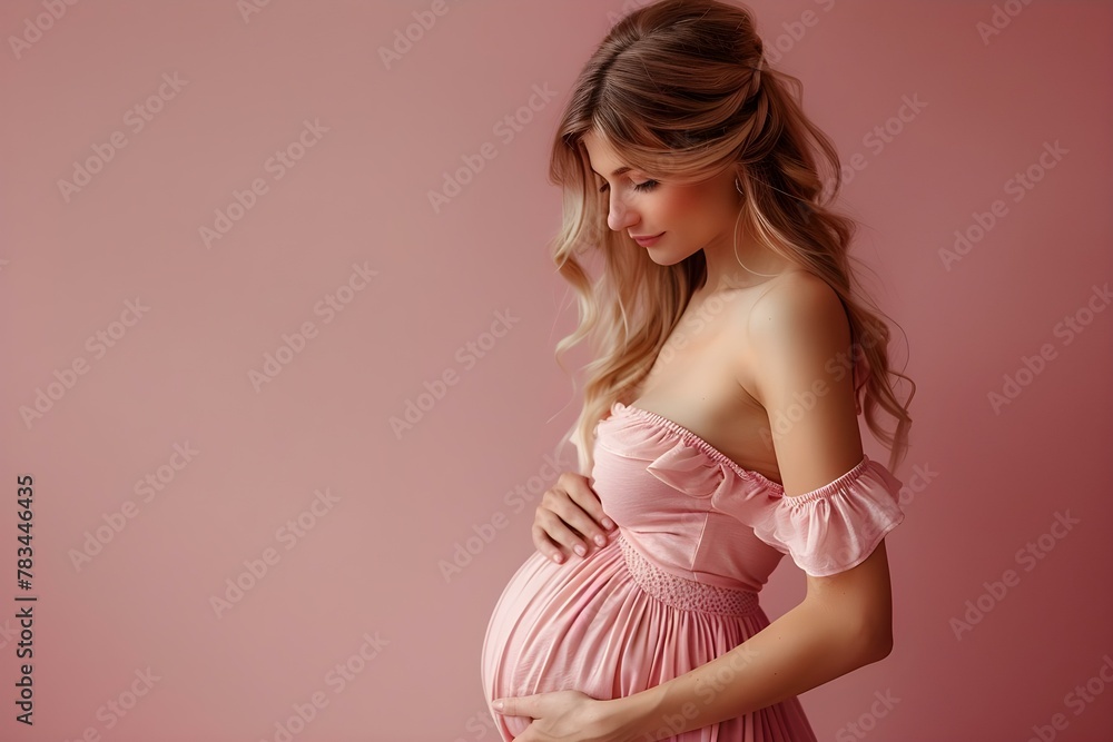 Maternal Grace in Pink. Concept Mother-Daughter Photoshoot, Maternity Portraits, Pink Props, Elegant Poses - obrazy, fototapety, plakaty 