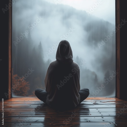 Misty mountains figure hooded sweater sitting contemplative window frame © Ameli Studio