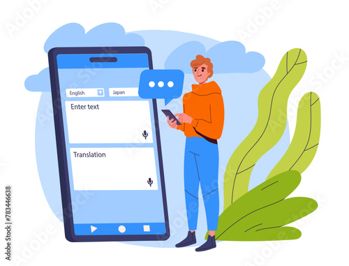 Person using a large smartphone for translation, vector illustration on a cloud and foliage background, concept of language barrier. Flat cartoon vector illustration