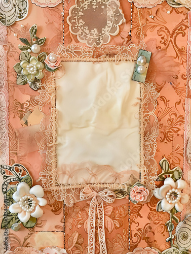 junk journal or scrapbooking paper background - layers of lace with flowers and pearls