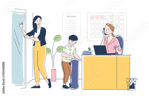 Vector illustration of a school office with a female principal on the phone and a boy with a backpack, light flat style, white background, concept of education. Flat vector illustration