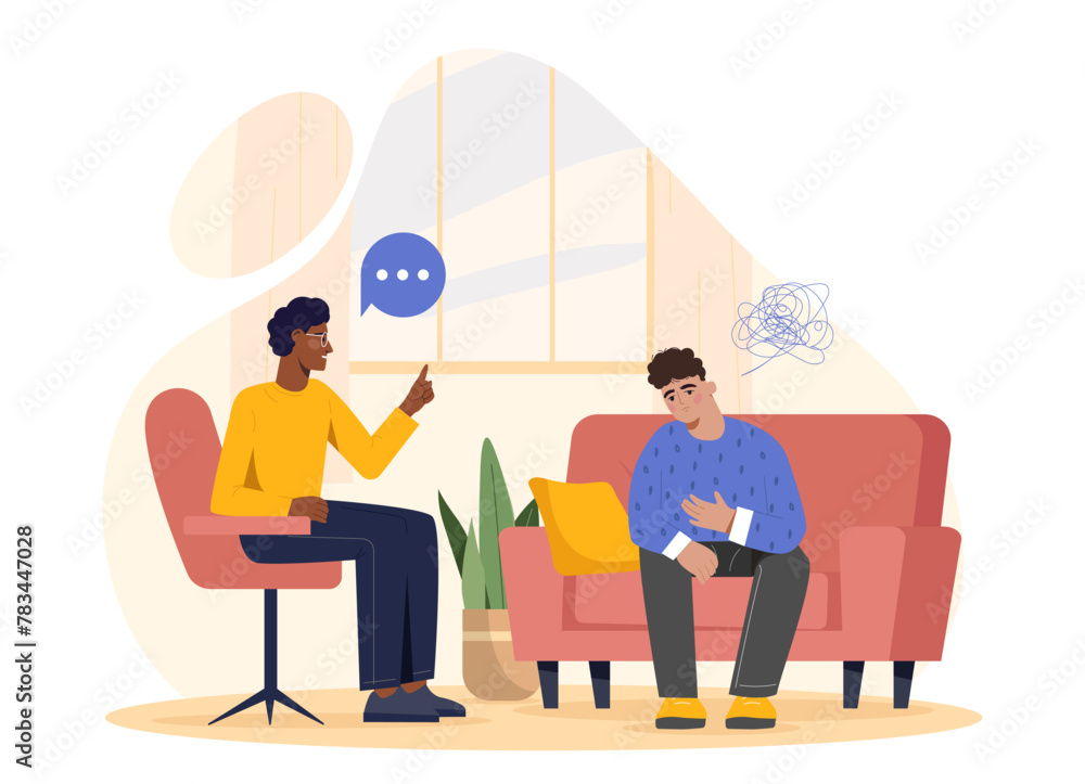 Two characters in a therapy session, flat vector illustration, indoor setting, depicting mental health support. Vector illustration - obrazy, fototapety, plakaty 