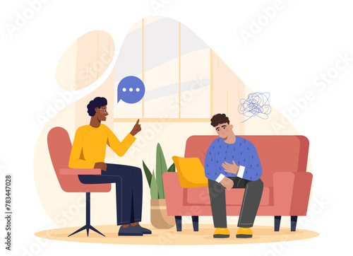 Two characters in a therapy session, flat vector illustration, indoor setting, depicting mental health support. Vector illustration