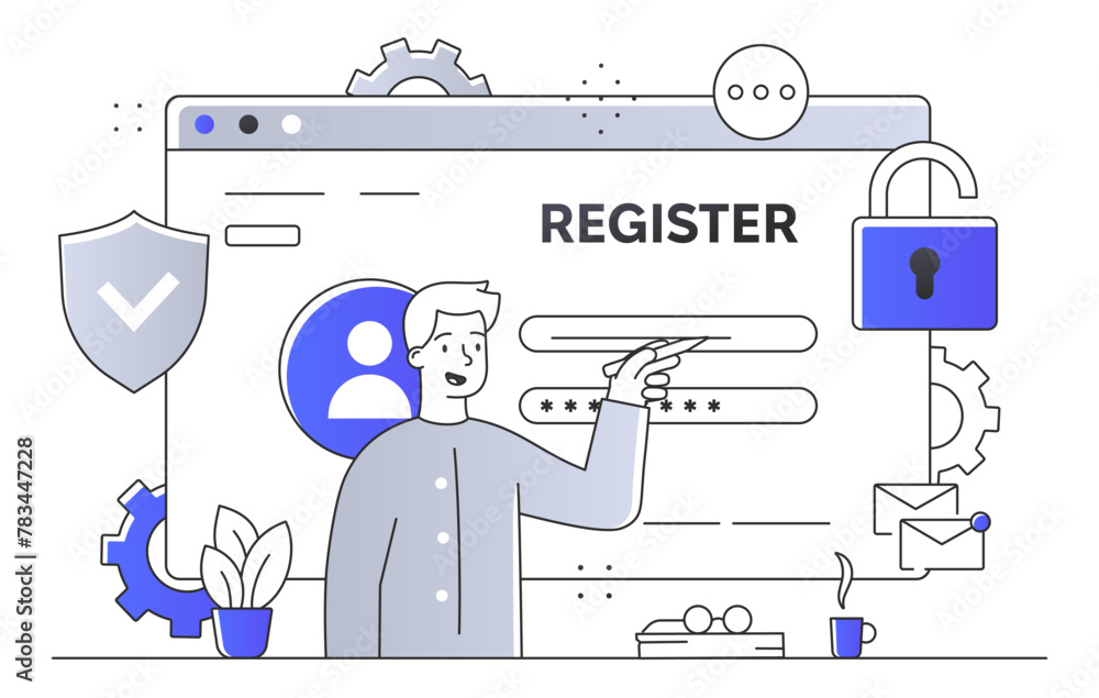 Illustrated webpage registration concept with character pointing to password field, flat graphic style on white background, highlighting online security. Line art style Vector illustration