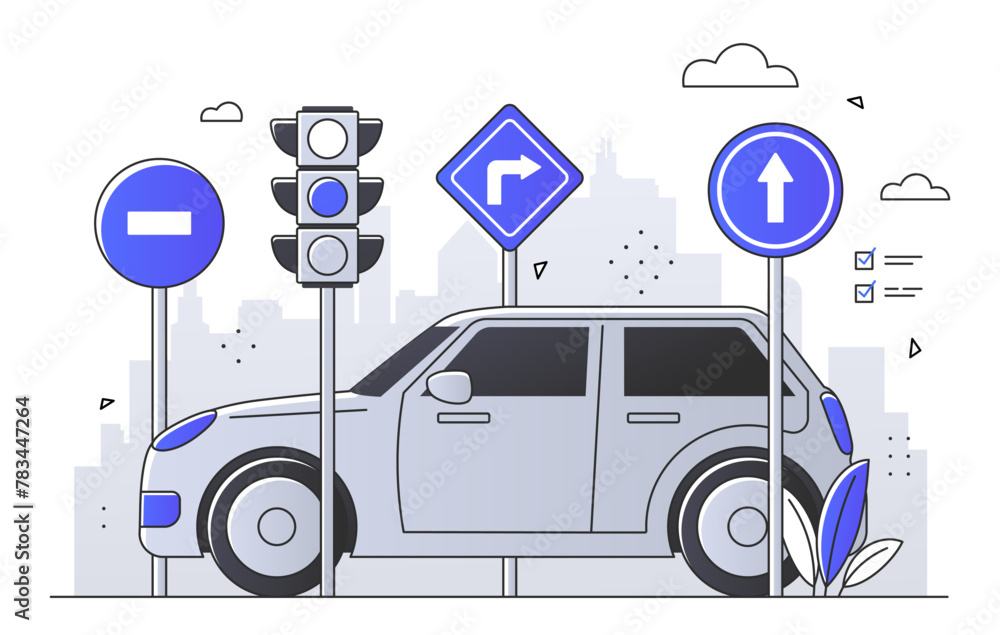 Car at a crossroad with traffic lights and directional signs, in a line art style, against a cityscape background, concept of urban traffic guidance. Flat vector illustration - obrazy, fototapety, plakaty 