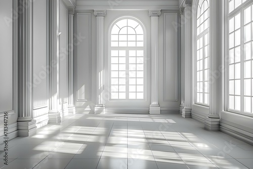 Serenity in White: Light and Shadows Dance in Minimalist Elegance. Concept Minimalist Interiors, Monochrome Decor, Natural Light Photography, Interior Design Trends, Serene Aesthetics