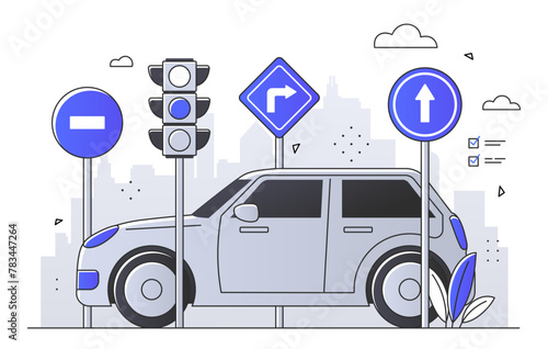 Car at a crossroad with traffic lights and directional signs, in a line art style, against a cityscape background, concept of urban traffic guidance. Flat vector illustration © Rudzhan
