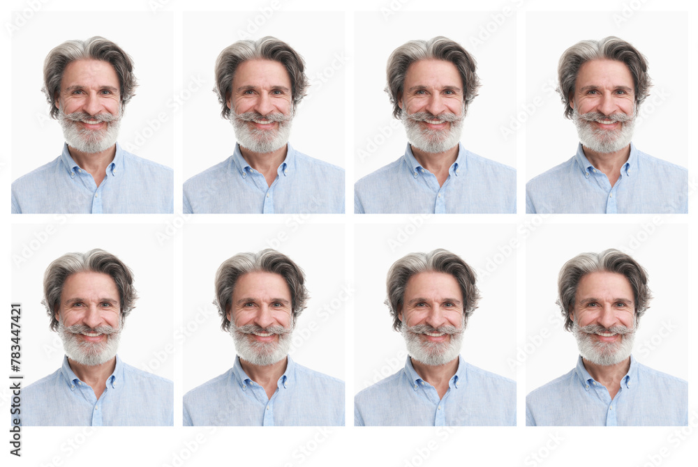 Fototapeta premium Passport photo, collage. Man on white background, set of photos