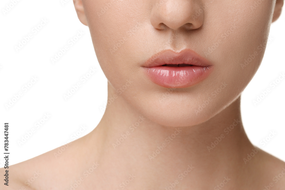 Woman wearing beautiful lip gloss on white background, closeup - obrazy, fototapety, plakaty 