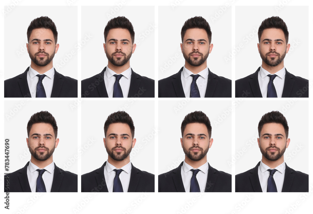 Passport photo, collage. Man on white background, set of photos Passport photo, collage. Man on white background, set of photos