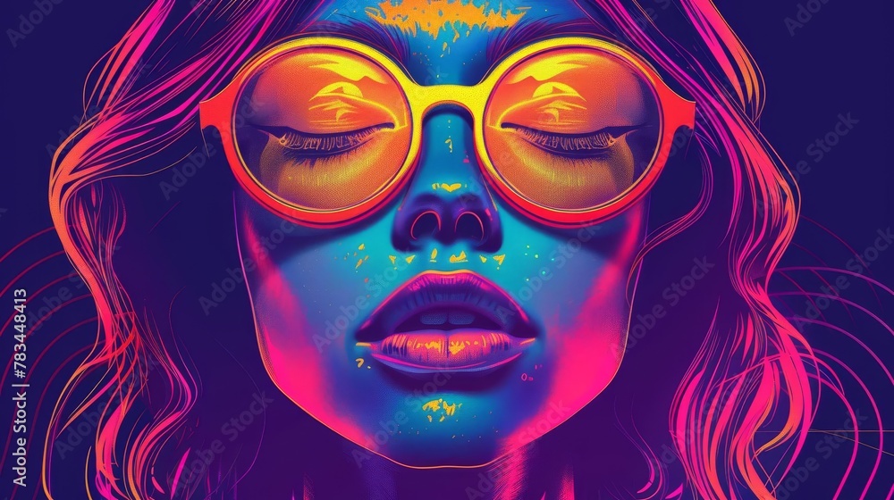 captivating portrait of girl in glasses neon style for disco event fashionable party poster illustration