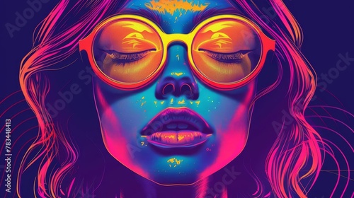 captivating portrait of girl in glasses neon style for disco event fashionable party poster illustration © Bijac