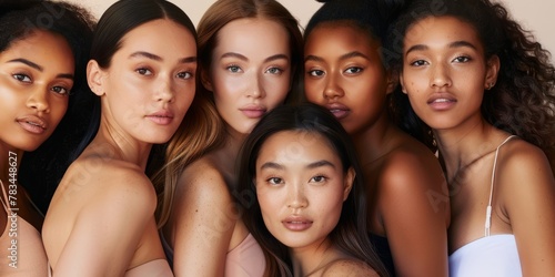 Group of diverse women with different skin types posing together in studio.