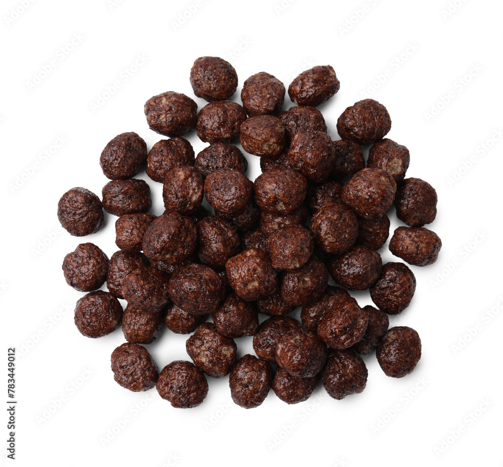 Tasty chocolate cereal balls isolated on white, top view Tasty chocolate cereal balls isolated on white, top view