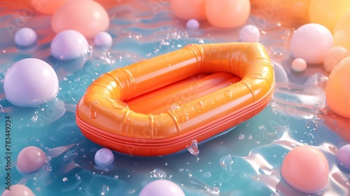 A vibrant image showcasing an orange inflatable ring floating on glittering water with colorful balls around photo