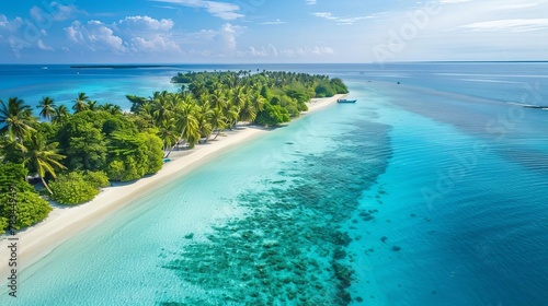 aerial view of a tropical island paradise with turquoise water white sandy beach and lush palm trees drone photography