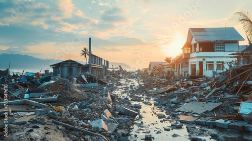 aftermath of powerful tsunami destroyed buildings and debris natural disaster concept