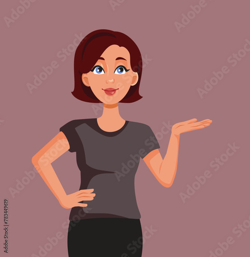 Vector Female Character Making a Presentation Gesture with her Palm. Cheerful lady feeling excited account recommending something
