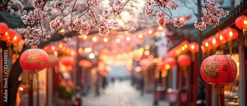Cherry Blossoms and Lanterns Light Up Chinatown. Concept Festival Celebration, Cultural Tradition, Night Market Excitement, Community Gathering, Vibrant Colors