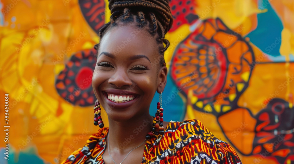 A young black woman poses for her portrait embodying the modernday embodiment of the vibrant spirit of the Harlem Renaissance. Adorned in a bold and colorful ensemble she radiates .