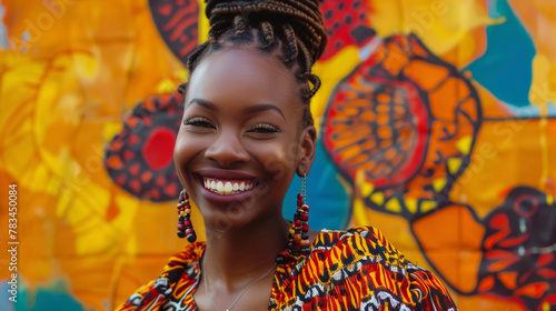 A young black woman poses for her portrait embodying the modernday embodiment of the vibrant spirit of the Harlem Renaissance. Adorned in a bold and colorful ensemble she radiates . photo