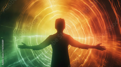 Retro style photo of a person with spread arms, surrounded by colorful waves of energy. Silhouette of a guy emitting or receiving glowing waves of rainbow colored light.
