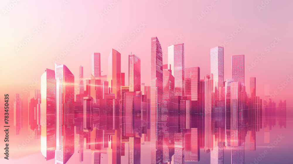 Fototapeta premium Picture of modern of a smart city, futuristic financial district with buildings and reflections , pink color background for corporate and business template