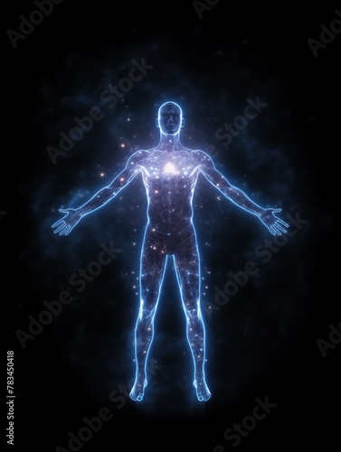 Silhouette of a person with glowing blue outline, sparkling energy flowing through the body and a shiny energy field around, on dark background, Energy work, aura, meditation.