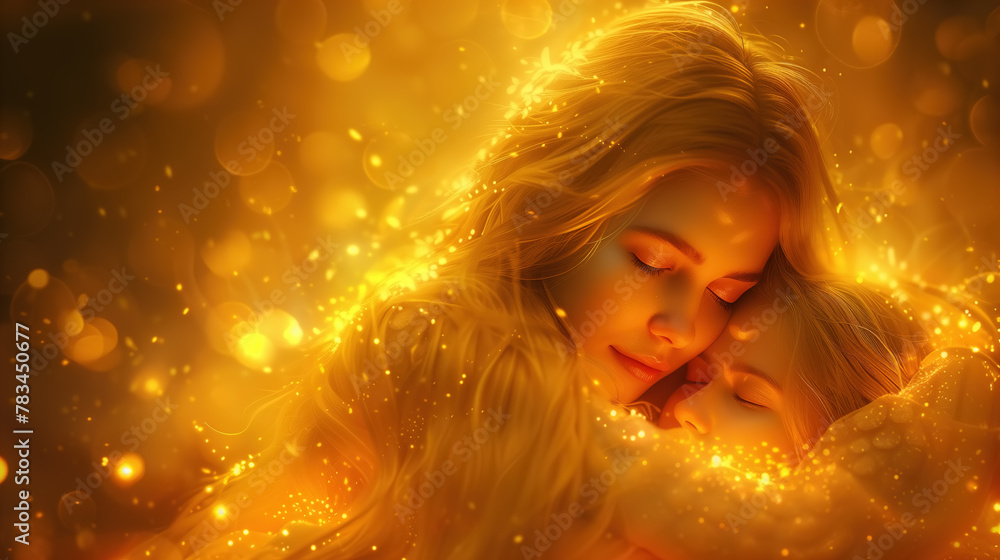 Affectionate young mother, dreaming and hugging her daughter, surrounded by warm golden light, on blurry background with bokeh lights and sparkles. Love, affection, family. Affectionate young mother, dreaming and hugging her daughter, surrounded by warm golden light, on blurry background with bokeh lights and sparkles. Love, affection, family.