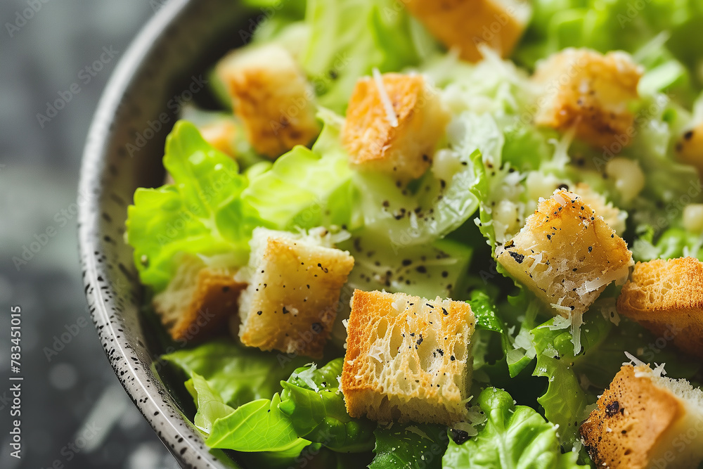 Western cuisine concept. Juicy fresh Caesar salad in a bowl. Close up Western cuisine concept. Juicy fresh Caesar salad in a bowl. Close up