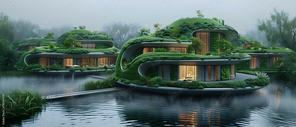 Eco-Architecture Haven Amidst Serene Waters. Concept Eco-Architecture, Haven, Serene Waters - obrazy, fototapety, plakaty 