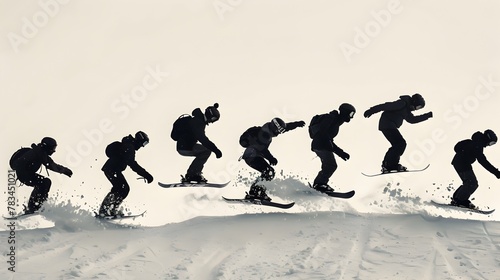 Row of Snowboarders in Mid-Jump Silhouette against Glowing Urban Nightscape