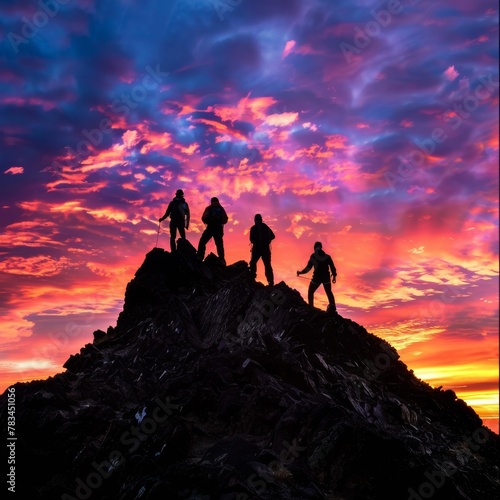 Silhouetted team on a mountain peak at sunset  symbolizing achievement and unity  vibrant skies