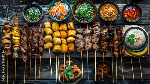Vibrant Assortment of Authentic Thai Street Food Delights on a Rustic Wooden Table
