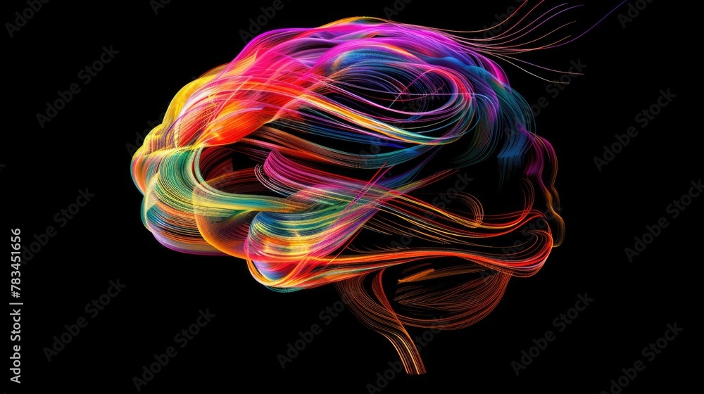 Colorful smooth lines in the shape of a human brain. AI generative.