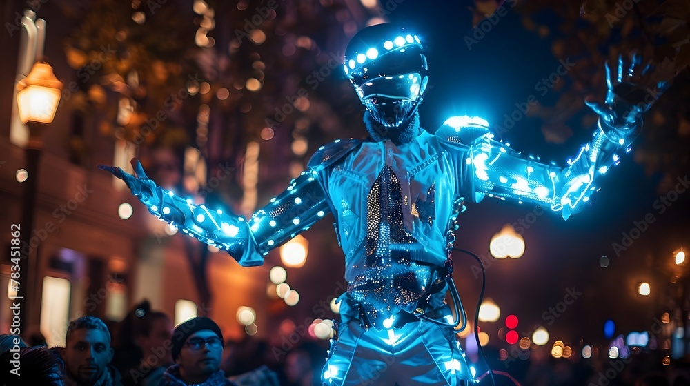 Cyborg Performer Dazzles Urban Crowds with Futuristic Light and Sound Show