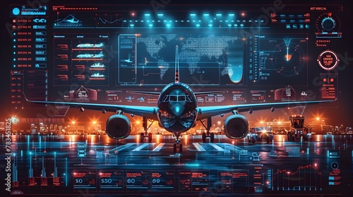 Cutting-Edge Airport Infographic Interface Showcasing Futuristic Aviation Technology and Data Analytics photo
