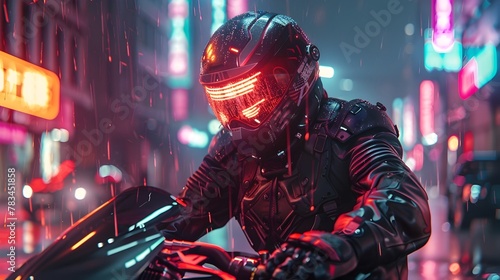 Cyborg Bounty Hunter Tracking Dangerous Criminal in Vibrant Dystopian City photo